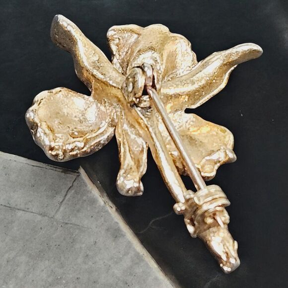 Vtg Jack In The Pulpit Screw Earrings Matching Brooch Set Gold Tone Iris Bundle - Picture 6 of 14